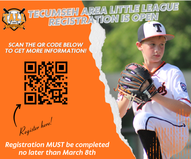 📣 Tecumseh Area Little League Registration is OPEN!  No matter what Punxsutawney Phil claims, baseball season is right around the corner. If your child wants to play, now’s the time to sign up.   🗓 Registration must be completed no later than March 8th — don’t wait!   📲 Check out the flyer and scan the QR code for more information and to get started with registration.