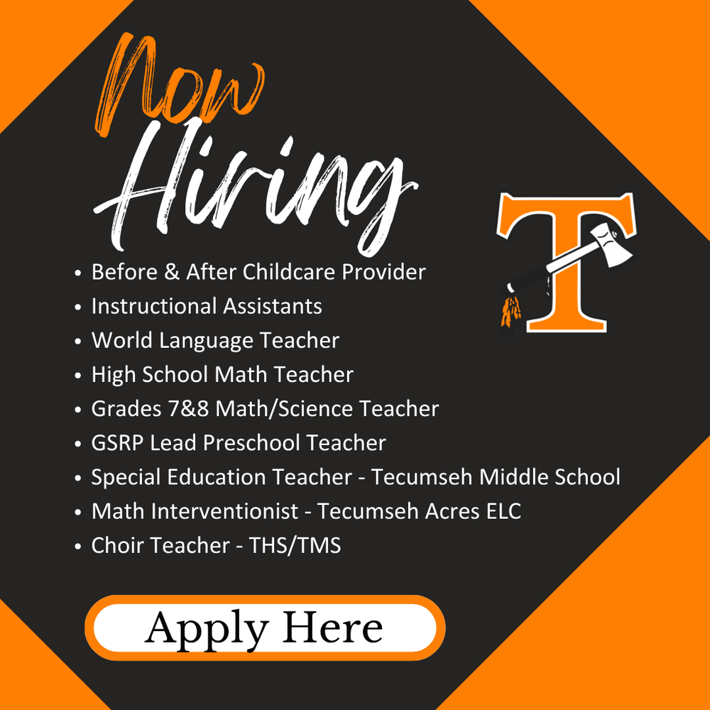 🚨 We're Hiring! Join the Tecumseh Public Schools Tribe! 🍎 Looking for a rewarding career where you can make a difference every day? Tecumseh Public Schools is hiring for a variety of positions! Whether you're an experienced educator, support staff professional, or looking to start a meaningful career in education, we'd love to have you on our team. Apply Now 👉https://tecumseh.schoolspring.com/ Interested in subbing? Follow the EDUStaff link 👉https://edustaff.org/