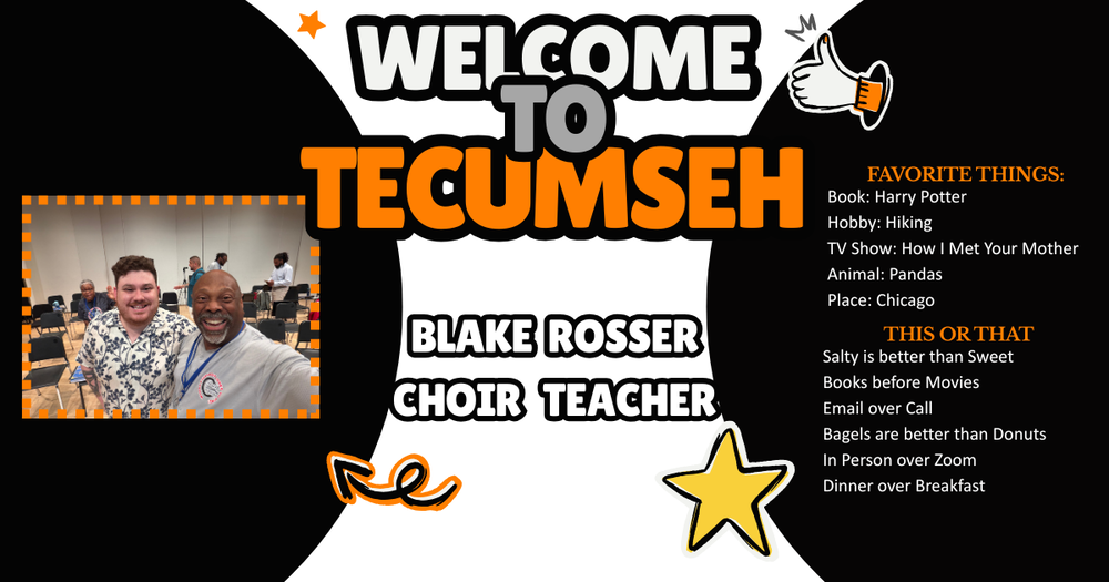 🌟 Welcome Wednesday! 🌟  Today, we’re excited to introduce Blake Rosser, our talented Choir Teacher! 🎶🎤 When Blake isn’t sharing a love of music with students, you might find him watching Star Wars in a galaxy far, far away! 🚀⭐ His favorite snack for movie time? Popcorn, of course! 🍿  Mr. Rosser’s favorite place to visit is Chicago, and he’s also a big fan of football! 🏈🏙️  We’re so excited to have Blake as part of our tribe! Be sure to give him a big Welcome Wednesday shoutout! 👋  #onetribe