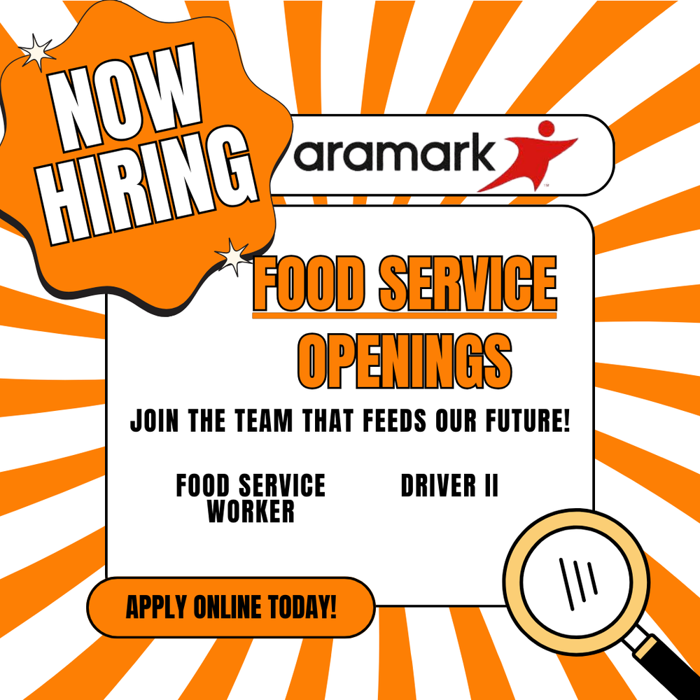Join the Team that Feeds Our Future! Aramark is looking for passionate people to help make mealtime smooth, safe, and fun for our students. 📢 Open Positions Food Service Worker Job ID: 617237 -Help prep meals, serve students, maintain food safety and kitchen cleanliness.  Apply here: https://careers.aramark.com/job/?req_id=617237 Driver II Job ID: 617971  -CDL required: drive buses, shuttle vans, or straight trucks for school food service. Apply here: https://careers.aramark.com/job/?req_id=617971