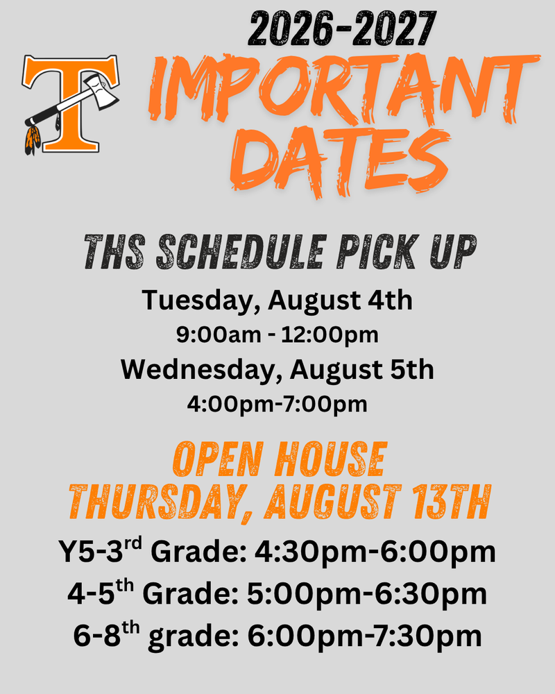 📣 2026-2027 Important Dates for Tecumseh Families! 🧡🖤 Mark your calendars! We have two important events coming up as we get ready for an exciting new school year. 🗓 High School Schedule Pick-Up Tuesday, August 4: 9:00 AM – 12:00 PM Wednesday, August 5: 4:00 PM – 7:00 PM 🏫 Open House – Thursday, August 13 Come meet your teachers, see your classrooms, and get ready for a great year! YK–3rd Grade: 4:30 PM – 6:00 PM 4th–5th Grade: 5:00 PM – 6:30 PM 6th–8th Grade: 6:00 PM – 7:30 PM We can't wait to welcome our students and families back for the 2026-2027 school year! See you soon! 🧡