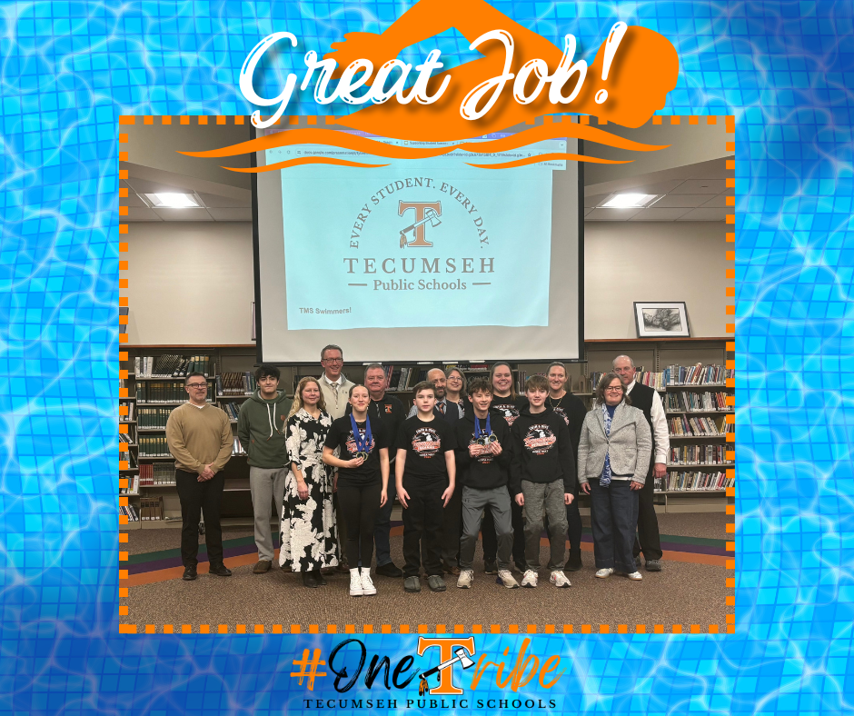 Tecumseh Middle School Swimming & Diving was proudly recognized at Monday night’s Board of Education meeting as part of Superintendent Hilton’s “Good News!” celebration, highlighting their outstanding performances at the MISCA State Meet!  The MISCA State Meet brings together top 6th–8th grade athletes from across Michigan in all three divisions—and our team made an incredible showing!  🏊‍♂️ Diving Highlights: • Parker Dolson (6th grade) placed 12th • Mason Betz (6th grade) placed 18th • Mason achieved a personal best and climbed 4 spots from his entry position!  🏊‍♂️ Relay Success: • The 400 Free Relay team of Mason Betz, Matthew Chapman (8th), Parker Dolson, and Brayden Havelka (8th) dropped an impressive 9 seconds and moved up 3 places!  🏆 Record-Breaking Performances: • Brayden Havelka (8th) took 1st place in both the 200 Free and 100 Free, setting new school records in BOTH events—including breaking a 200 Free record that stood since 1996!  • Gretchen Myers (7th) earned 1st place in the 100 IM and 50 Fly! Over the course of the season, Gretchen set SIX new school records (including these two events) and also broke TWO MISCA State Meet records!  We are incredibly proud of these student-athletes for their hard work, dedication, and outstanding achievements. Way to represent Tecumseh!