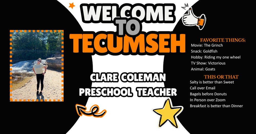 🌟 Welcome Wednesday! 🌟  Today we’re excited to introduce Clare Coleman, preschool teacher at Tecumseh Preschool! 🍎  🌄If Ms. Coleman could bring anything for show and tell right now, it would definitely be her cool rock collection! Clare and her significant other love collecting rocks from the different places they travel, making each one a special memory from their adventures.  🏎️When she’s not in the classroom, Clare loves heading to Silver Lake Sand Dunes to ride Razors and OneWheels and enjoy the outdoors!  🍦And, of course, another one of her favorite things is a sweet trip for ice cream!   We’re so happy to have Clare as part of our team! Be sure to give her a warm Welcome Wednesday hello! 👋  #onetribe