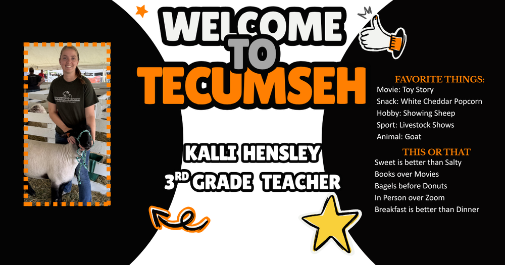 🎉Welcome Wednesday🎉 Please welcome Kalli Hensley, 3rd Grade Teacher at Tecumseh Acres ELC! Let’s get to know Ms. Hensley better: 🏥If she’s not spending time showing sheep, you may find her curled up with her favorite snack, watching her favorite show, Grey’s Anatomy. 🚗On a road trip to her favorite places in Northern Michigan, Kalli will be listening to an audiobook over a podcast. 📬Still waiting for her letter from Hogwarts, Kalli’s favorite book is Harry Potter and the Sorcerer’s Stone. Welcome, Kalli! #onetribe