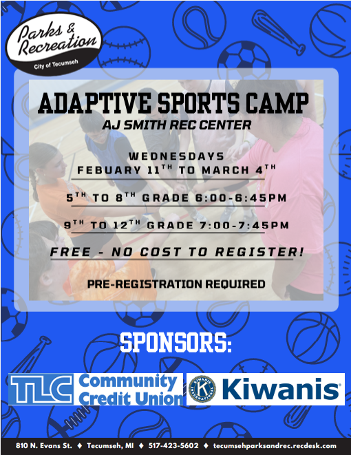 Tecumseh Public Schools is proud to help share an exciting opportunity for students to stay active and engaged in an inclusive environment. The Adaptive Sports Camp at AJ Smith Rec Center is designed to give middle and high school students a positive, supportive space to build skills, confidence, and connections through sports.  This program is open to students in grades 5–12 and is free of charge for families.  Program Details: 📅 Wednesdays, February 11 – March 4 ⏰ Grades 5–8: 6:00–6:45 PM ⏰ Grades 9–12: 7:00–7:45 PM 📍 AJ Smith Rec Center 📝 Pre-registration is required  We encourage families who may benefit to take advantage of this wonderful community resource. Opportunities like this help ensure all students have access to meaningful recreational experiences. #onetribe
