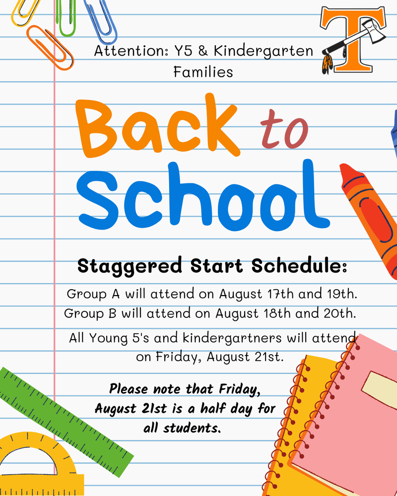 Young 5's and Kindergarten families at Sutton and Tecumseh Acres Early Learning Centers, you will be on the staggered start schedule next week. Group A will attend on August 17th and 19th, and Group B will attend on August 18th and 20th. All Young 5's and kindergartners will attend on Friday, August 21st. Please note that Friday, August 21st is a half day for all students. The District Calendar can be found here: https://aptg.co/yY-SnN