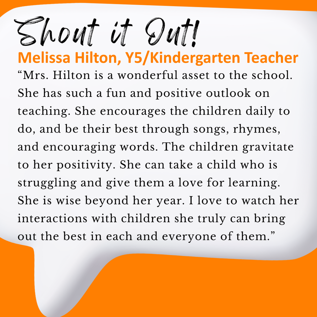 🌟 Staff Shoutout! 🌟 We are celebrating Melissa Hilton, Y5/Kindergarten Teacher at Sutton ELC, in this week’s Shout it Out! 💬 Do you know a staff member or volunteer who deserves a Shout Out? 🎉 Submit your appreciation through our Google Form here: https://forms.gle/xfdd9L5fHYbqYrVg7 #ShoutItOut #onetribe