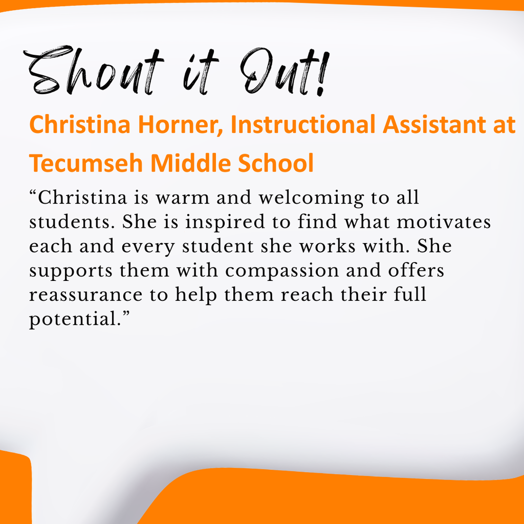 📚✨ Shout it Out! ✨📚 We’re highlighting Middle School Instructional Assistant, Christina Horner this week! 👏🍎 You truly make the grade—helping students succeed, one lesson (and smile) at a time! Know a staff member or volunteer who deserves an A+ shoutout? Don’t pass on the chance—submit it here: https://forms.gle/pBskV9b4gVWqAQ8m9 ✏️✨ #ShoutItOut #onetribe