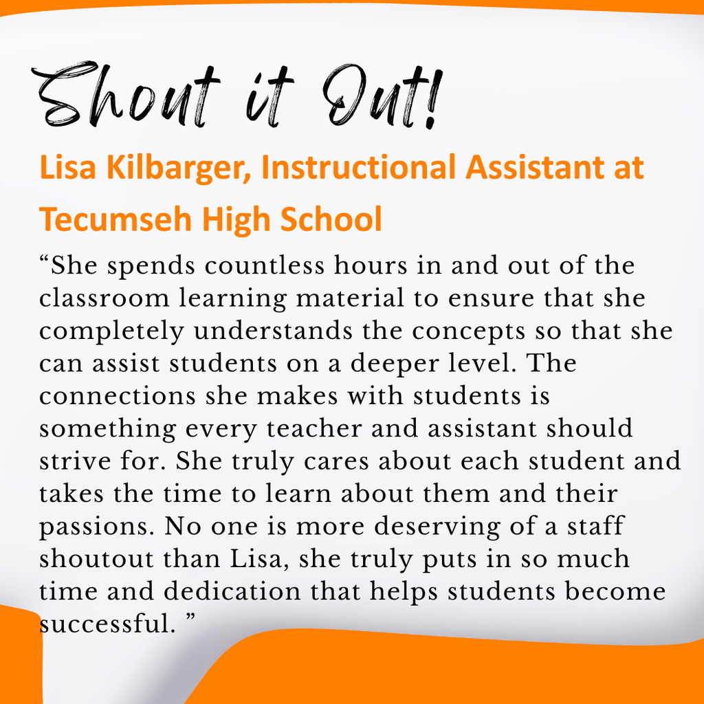 ✨ Shout it Out! ✨ We’re applauding an A+ effort from Lisa Kilbarger, High School Instructional Assistant 👏 She doesn’t just help students succeed—she helps them excel 🌟 Her dedication, care, and commitment make a lasting impact every single day. Know someone who deserves some extra credit? Don’t study on it too long—submit a shoutout here: https://forms.gle/pBskV9b4gVWqAQ8m9 ✏️✨ #ShoutItOut #onetribe