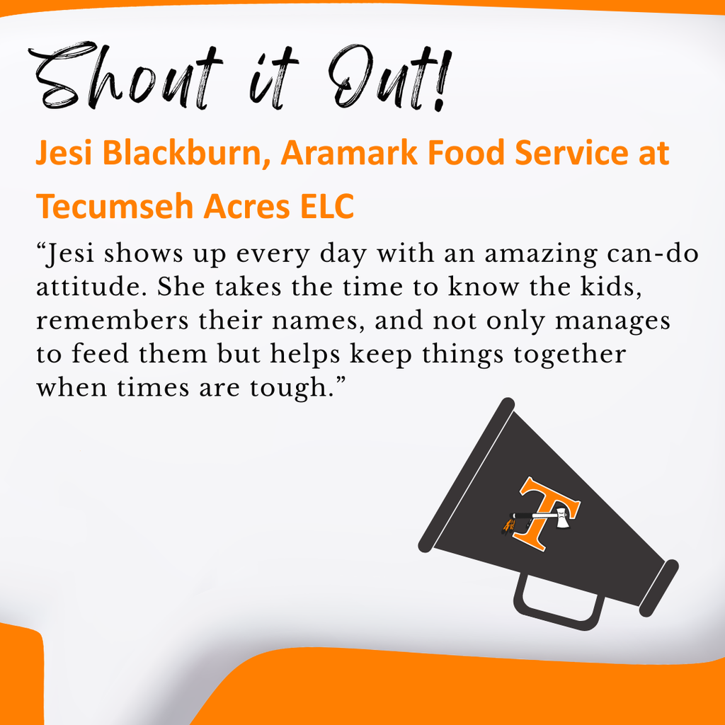 ✨ Shout it Out! ✨ Jesi Blackburn, Aramark Food Service Employee at Tecumseh Acres ELC, dishes out kindness along with every meal and helps keep our students fueled, smiling, and ready to learn each day 🌟 Know someone who really shows up for students? Send in a shoutout here: https://forms.gle/pBskV9b4gVWqAQ8m9 ✏️✨ #ShoutItOut #onetribe