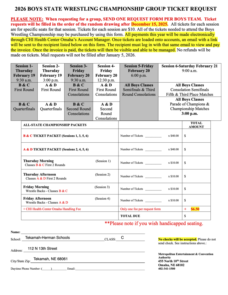 2026 BOYS STATE WRESTLING CHAMPIONSHIPS - TEAM TICKET REQUEST