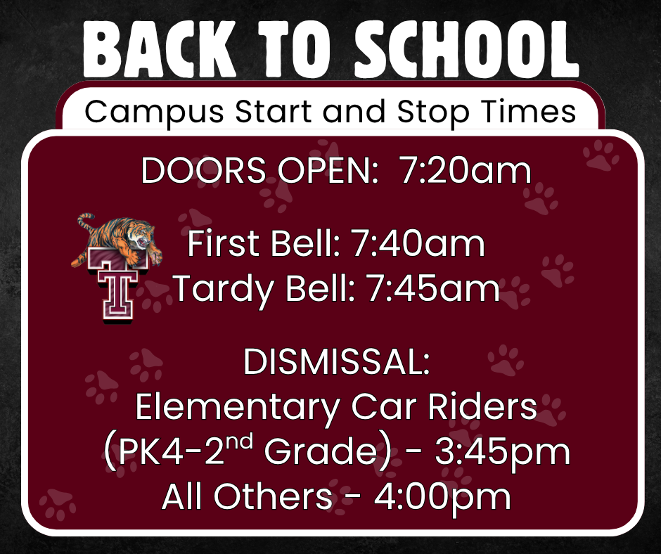 Back to School Campus Start and Stop Times, Tenaha ISD Logo, Bell Times