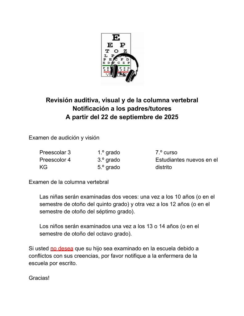 TISD Health Services Notification - Vision, Hearing Screenings beginning Sept 22