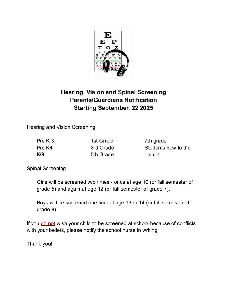 TISD Health Services Notification - Vision, Hearing Screenings beginning Sept 22