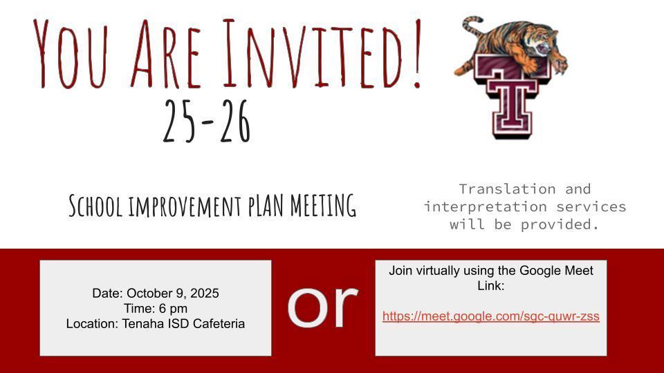 School Improvement Plan Meeting, Oct 9, 6pm. Cafeteria