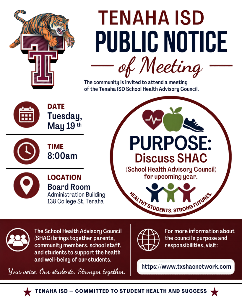 Notice of public meeting - SHAC, May 19th, 8am @ Board Room - TISD Administration Building