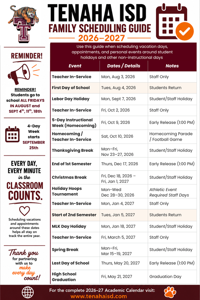 Tenaha ISD Family Scheduling Guide, 2026-2027