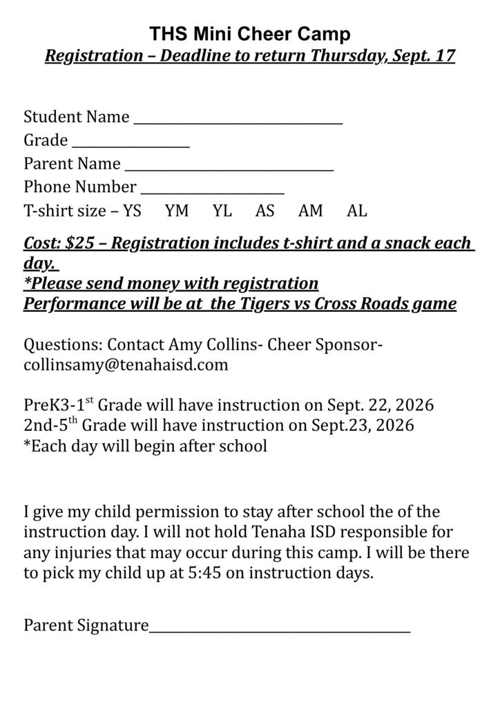Mini Cheer Camp Registration Form 2026