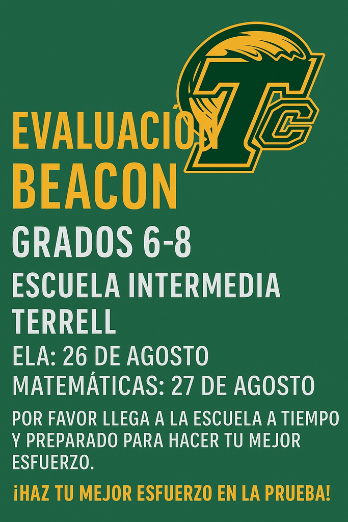 Un volante para anunciar las evaluaciones DRC Beacon para ELA y matemáticas.