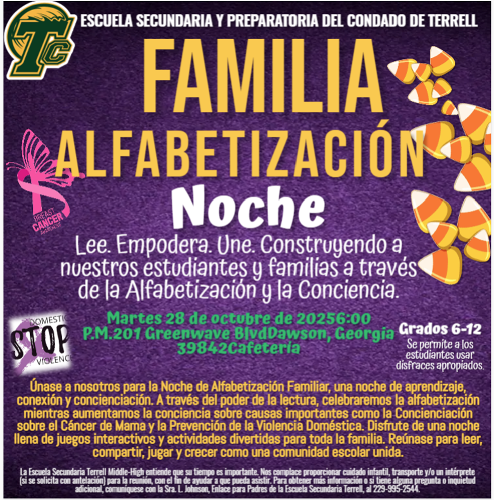 A flyer for familia alfabetizacion noche.  Martes 28 de octubre de 2025.