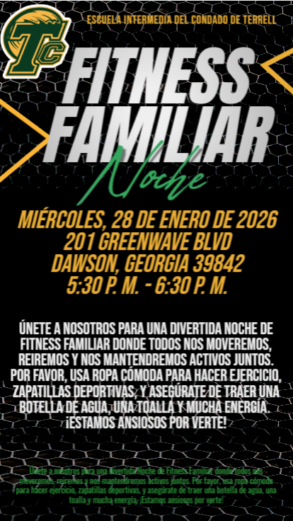 Un folleto informativo sobre la Noche de Ejercicio Familiar que tendrá lugar el 28 de enero de 2026, de 17:30 a 18:30.