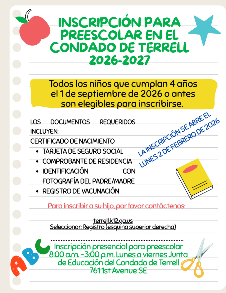 Terrell County Pre-K Registration 2026-2027 in Spanish