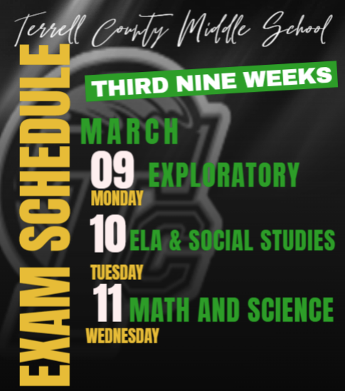 A flyer about the nine-week exam schedule next week. 