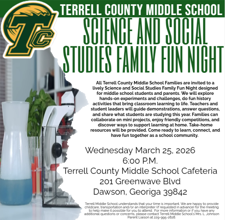 A flyer about family fun night with the social studies and science departments on March 25.