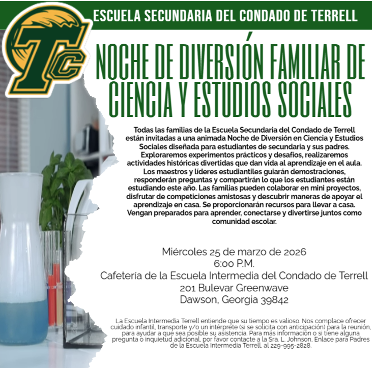Un folleto informativo sobre la noche de diversión familiar organizada por los departamentos de estudios sociales y ciencias el 25 de marzo.