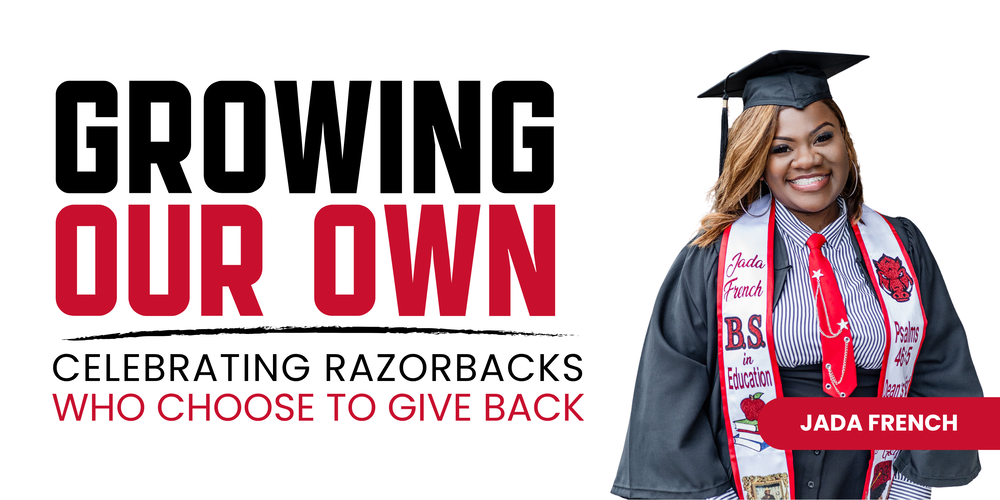 Graphic featuring the headline "Growing Our Own" in large black and red text. Below, the tagline reads, "Celebrating Razorbacks Who Choose to Give Back." On the right is a professional portrait of a smiling graduate wearing a black cap and gown with a red-and-white graduation stole embroidered with education-themed designs and the name "Jada French." The clean white background and bold Texarkana Arkansas School District branding emphasize the district's "Growing Our Own" initiative, which celebrates former students who return to serve their community as educators.