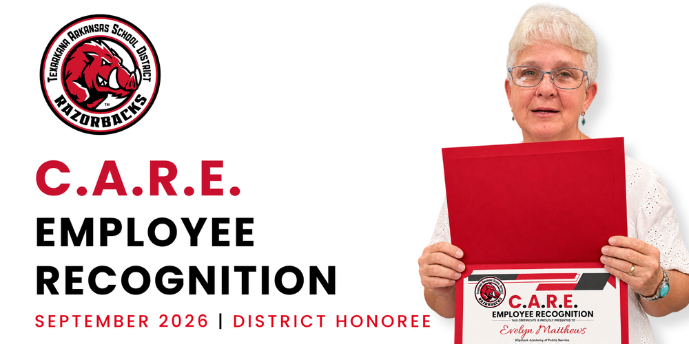September 2026 C.A.R.E. Employee Recognition graphic featuring District Honoree Evelyn Matthews surrounded by smiling students while holding her recognition certificate in a classroom.