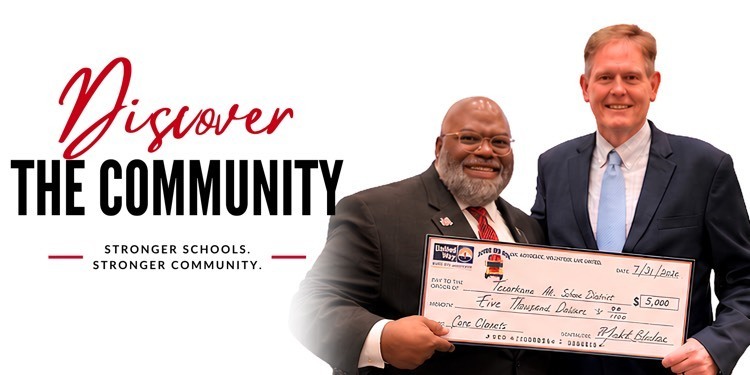 Graphic reading “Discover the Community” with the tagline “Stronger Schools. Stronger Community.” beside two men holding a $5,000 United Way donation check for the TASD Care Closet initiative.
