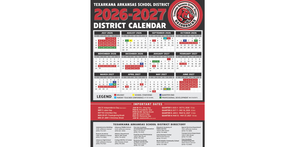 Texarkana Arkansas School District – New 2026-27 School Year Calendar
