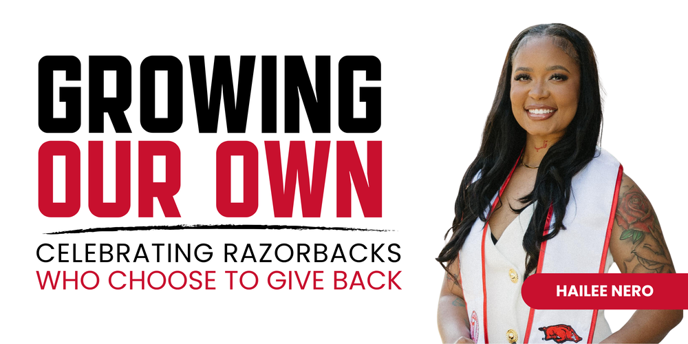 Graphic featuring the Growing Our Own initiative, celebrating former Texarkana Arkansas School District students who return to serve their community. The left side displays the headline "Growing Our Own" with the tagline "Celebrating Razorbacks Who Choose to Give Back." On the right is a portrait of Hailee Nero, smiling and wearing a white graduation stole with red trim over a light-colored outfit. Her name appears in a red banner below the portrait. The clean, branded design introduces Hailee as a featured educator in the district's Growing Our Own series.