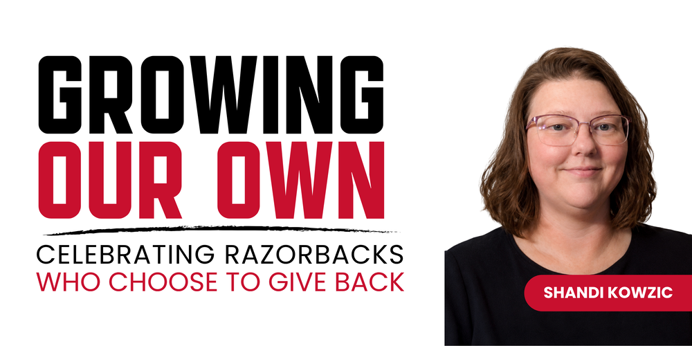 Graphic featuring the Growing Our Own initiative, celebrating former Texarkana Arkansas School District students who return to serve their community. The left side displays the headline "Growing Our Own" with the tagline "Celebrating Razorbacks Who Choose to Give Back." On the right is a professional headshot of Shandi Kowzic, smiling and wearing glasses and a black top against a white background. Her name appears in a red banner below the portrait. The clean, branded design introduces Shandi as a featured educator in the district's Growing Our Own series.