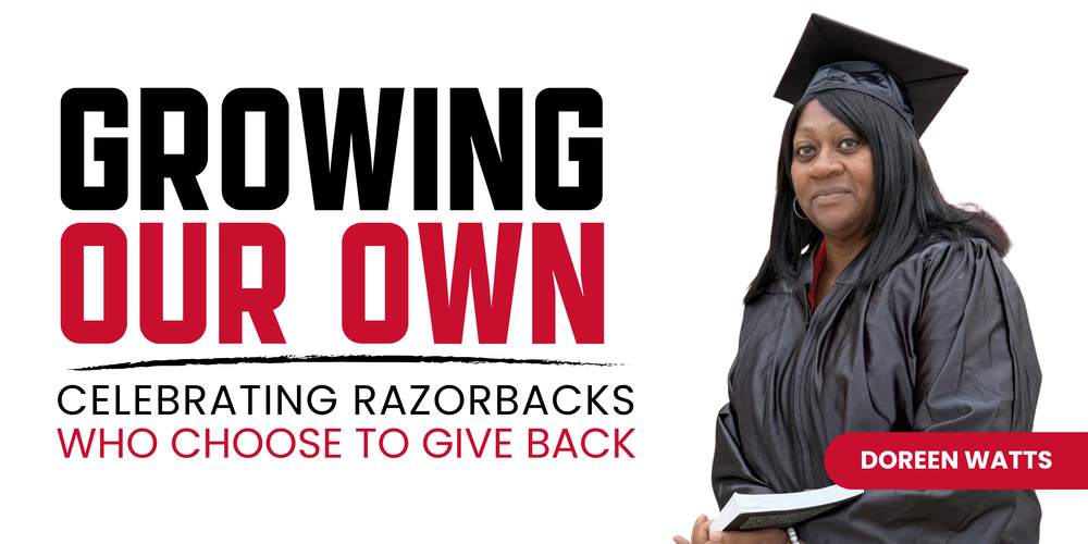 Graphic featuring the Growing Our Own initiative, celebrating former Texarkana Arkansas School District students who return to serve their community. The left side displays the headline "Growing Our Own" with the tagline "Celebrating Razorbacks Who Choose to Give Back." On the right is a portrait of Doreen Watts wearing a black graduation cap and gown while holding a book, symbolizing her journey into teaching. Her name appears in a red banner below the portrait. The clean, branded design introduces Doreen as a featured educator in the district's Growing Our Own series.