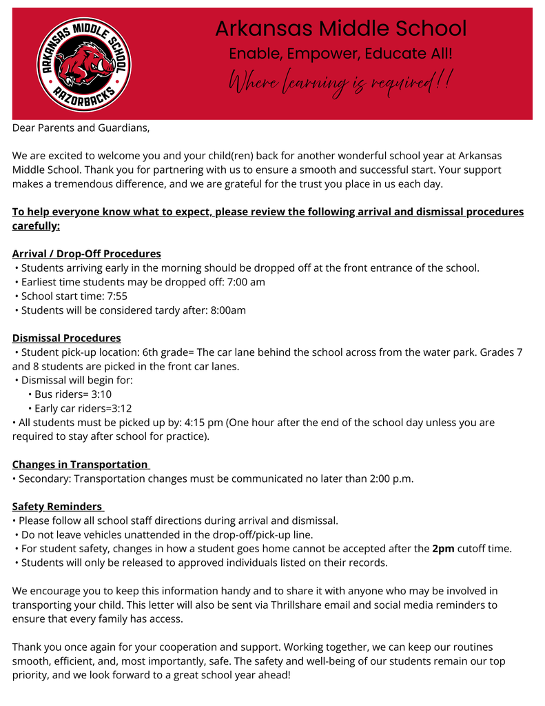 Letter to families from AMS discussing arrival and dismissal procedures