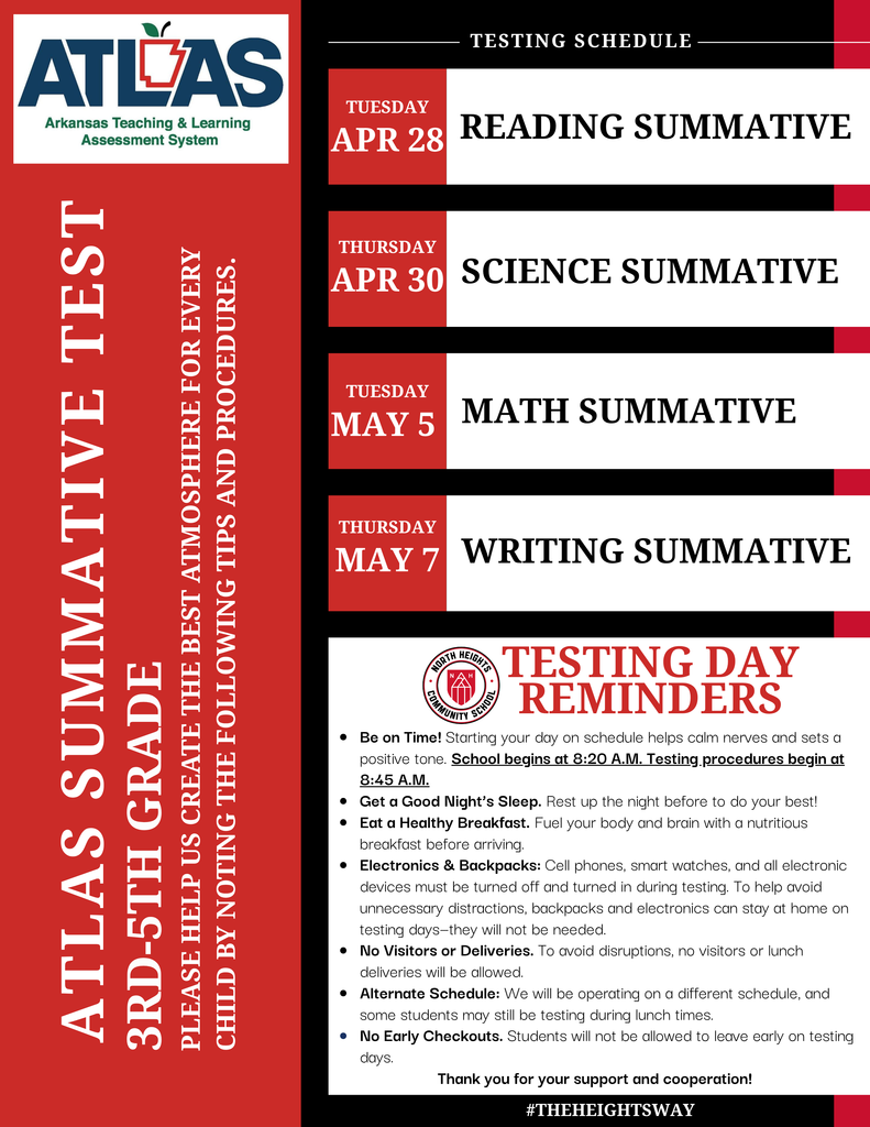 ATLAS Testing Schedule Testing schedule for grades 3–5 with dates and reminders for families.