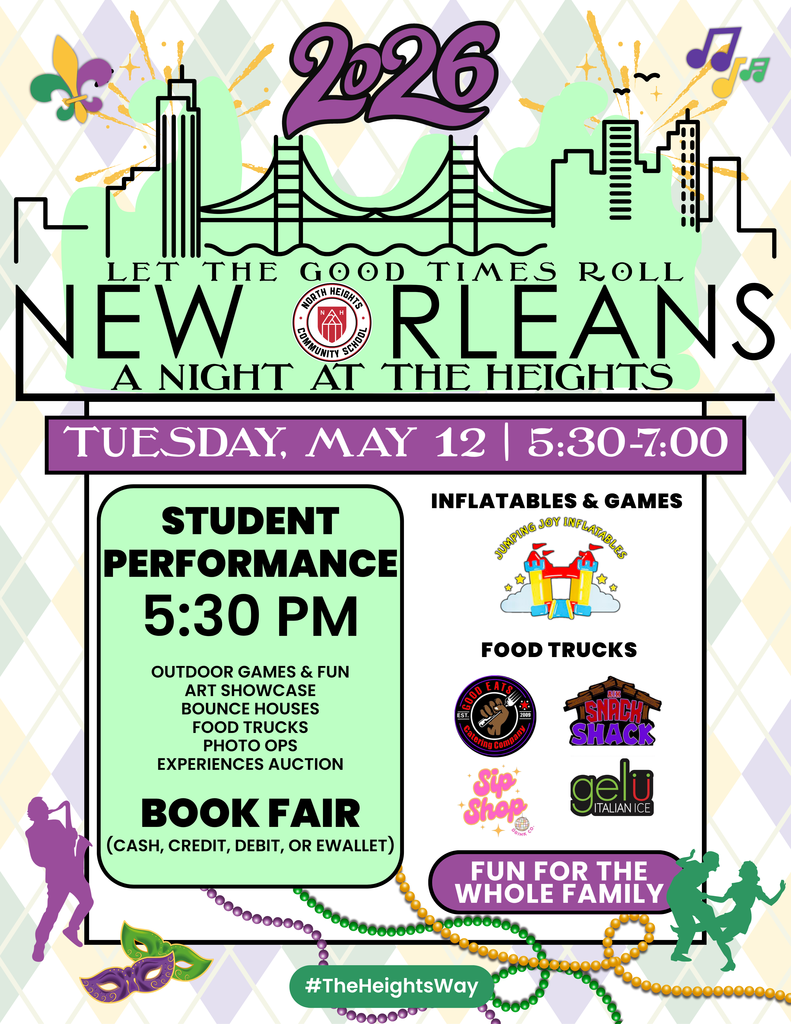 A Night at The Heights Event flyer showing student performance, food trucks, games, and family activities.