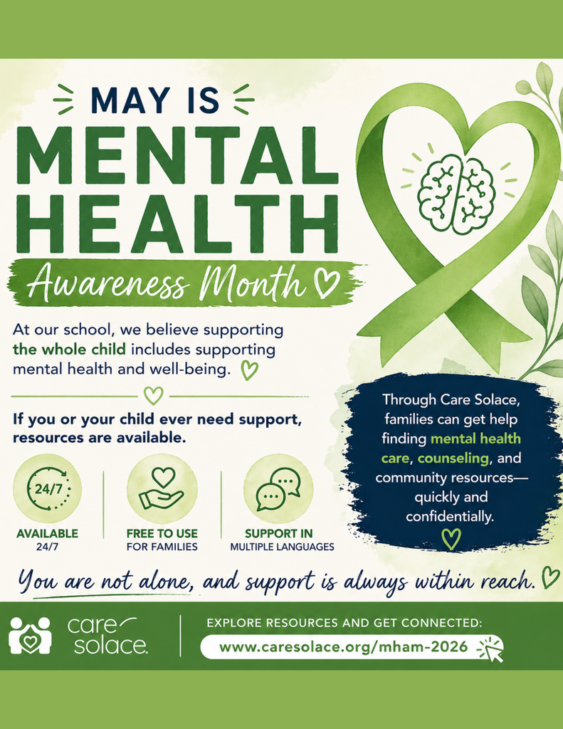 Mental Health Awareness Month Green awareness graphic promoting mental health support and available family resources.
