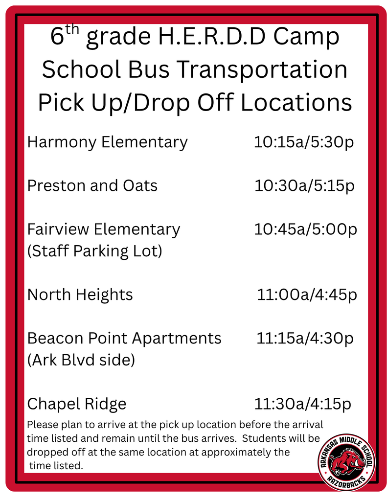 6th grade H.E.R.D.D. camp transport list