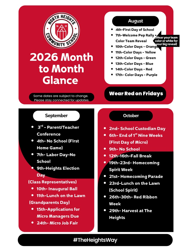 2026 school calendar highlighting important August–October events and reminders for North Heights Community School.