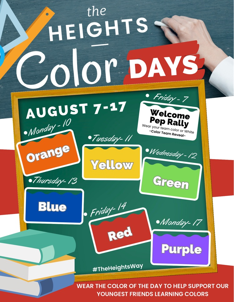 Color Days schedule showing daily dress colors and Welcome Pep Rally information for August 7–17 at North Heights Community School.