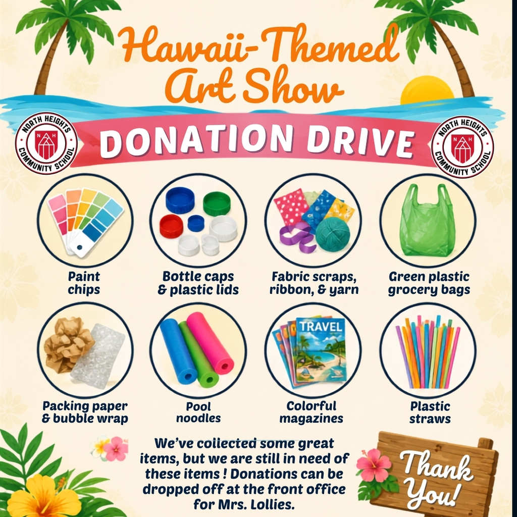 Hawaii-themed Art Show donation drive flyer featuring tropical graphics and a list of requested recyclable art supplies, with donations accepted at the front office for Mrs. Lollies.