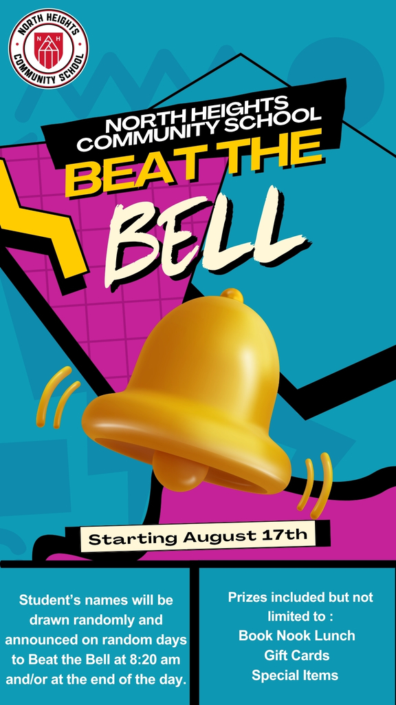 Colorful "Beat the Bell" school attendance challenge flyer with a ringing bell graphic, starting August 17, encouraging students to arrive before 8:20 a.m. and stay until dismissal for chances to win prizes like Book Nook Lunch, gift cards, and special items.