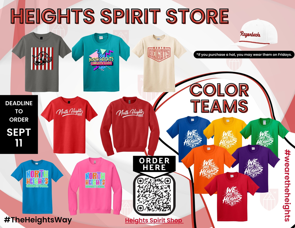 Heights Spirit Shop flyer featuring school spirit wear and Color War shirts in various team colors