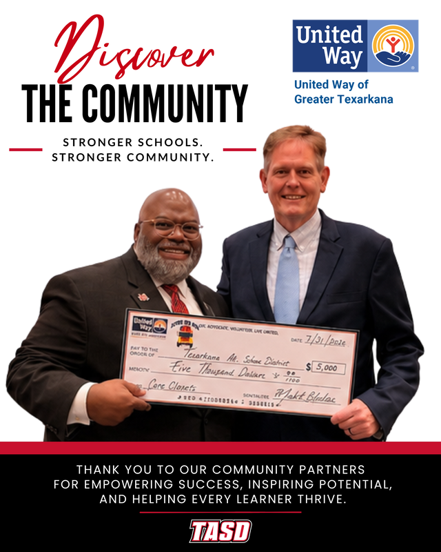 Mark Bledsoe, President and CEO of United Way of Greater Texarkana, presents a $5,000 donation check to Texarkana School District in support of the Bright Futures Care Closet initiative during the 2026 Mission Launch Convocation.