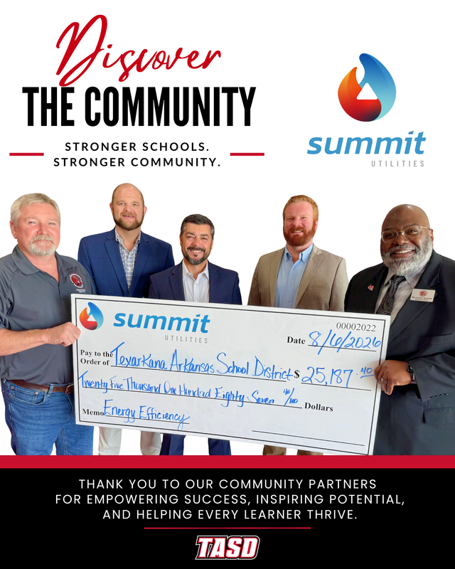 Five representatives hold a $25,187.40 energy-efficiency rebate check presented to the Texarkana Arkansas School District.