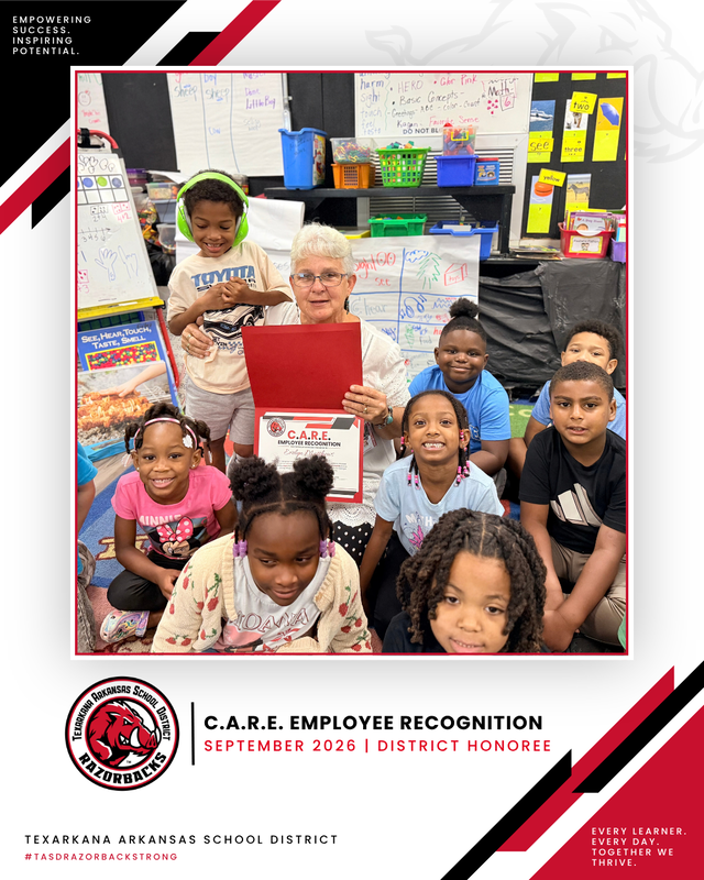 September 2026 C.A.R.E. Employee Recognition graphic featuring District Honoree Evelyn Matthews surrounded by smiling students while holding her recognition certificate in a classroom.