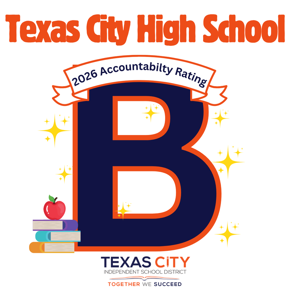 Graphic showing Texas City High School’s 2026 accountability rating of B.